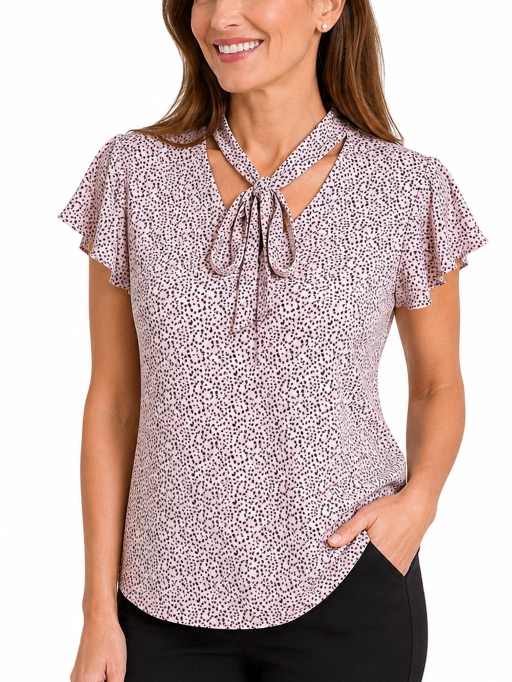 Adrianna Papell women's leopard blouse featuring short flutter sleeves tie-neck